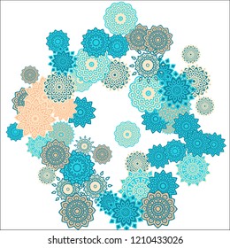 Christmas Background with Cute Colorful Snowflakes on White Ground. Ethnic Stylized Mandalas Looking Like Snowflakes. Moroccan, Ottoman or Arabic Pattern for Card, Poster, Banner