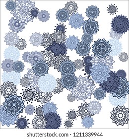 Christmas Background with Cute Colorful Snowflakes on White Ground. Ethnic Stylized Mandalas Looking Like Snowflakes. Moroccan, Ottoman or Arabic Pattern for Card, Poster, Banner