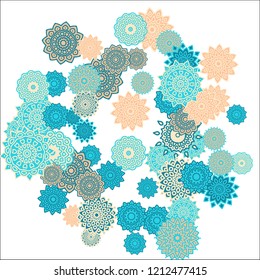 Christmas Background with Cute Colorful Snowflakes on White Ground. Ethnic Stylized Mandalas Looking Like Snowflakes. Moroccan, Ottoman or Arabic Pattern for Card, Poster, Banner