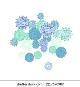 Christmas Background with Cute Colorful Snowflakes on White Ground. Ethnic Stylized Mandalas Looking Like Snowflakes. Moroccan, Ottoman or Arabic Pattern for Card, Poster, Banner