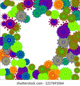 Christmas Background with Cute Colorful Snowflakes on White Ground. Ethnic Stylized Mandalas Looking Like Snowflakes. Moroccan, Ottoman or Arabic Pattern for Card, Poster, Banner