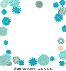 Christmas Background with Cute Colorful Snowflakes on White Ground. Ethnic Stylized Mandalas Looking Like Snowflakes. Moroccan, Ottoman or Arabic Pattern for Card, Poster, Banner