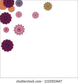 Christmas Background with Cute Colorful Snowflakes on White Ground. Ethnic Stylized Mandalas Looking Like Snowflakes. Moroccan, Ottoman or Arabic Pattern for Card, Poster, Banner