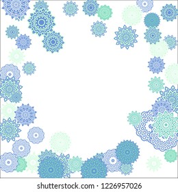 Christmas Background with Cute Colorful Snowflakes on White Ground. Ethnic Stylized Mandalas Looking Like Snowflakes. Moroccan, Ottoman or Arabic Pattern for Card, Poster, Banner