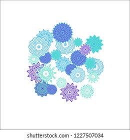 Christmas Background with Cute Colorful Snowflakes on White Ground. Ethnic Stylized Mandalas Looking Like Snowflakes. Moroccan, Ottoman or Arabic Pattern for Card, Poster, Banner
