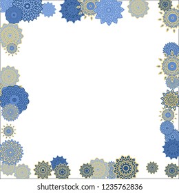 Christmas Background with Cute Colorful Snowflakes on White Ground. Ethnic Stylized Mandalas Looking Like Snowflakes. Moroccan, Ottoman or Arabic Pattern for Card, Poster, Banner
