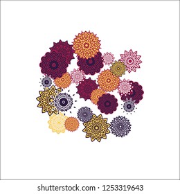 Christmas Background with Cute Colorful Snowflakes on White Ground. Ethnic Stylized Mandalas Looking Like Snowflakes. Moroccan, Ottoman or Arabic Pattern for Card, Poster, Banner