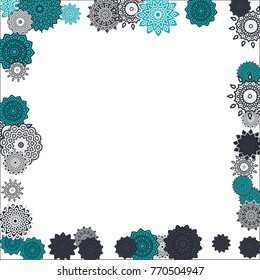 Christmas Background with Cute Colorful Snowflakes on White Ground. Ethnic Stylized Mandalas Looking Like Snowflakes. Moroccan, Ottoman or Arabic Pattern for Card, Poster, Banner