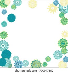 Christmas Background with Cute Colorful Snowflakes on White Ground. Ethnic Stylized Mandalas Looking Like Snowflakes. Moroccan, Ottoman or Arabic Pattern for Card, Poster, Banner