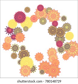 Christmas Background with Cute Colorful Snowflakes on White Ground. Ethnic Stylized Mandalas Looking Like Snowflakes. Moroccan, Ottoman or Arabic Pattern for Card, Poster, Banner