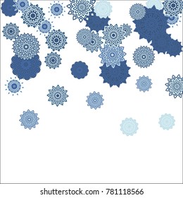 Christmas Background with Cute Colorful Snowflakes on White Ground. Ethnic Stylized Mandalas Looking Like Snowflakes. Moroccan, Ottoman or Arabic Pattern for Card, Poster, Banner