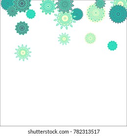 Christmas Background with Cute Colorful Snowflakes on White Ground. Ethnic Stylized Mandalas Looking Like Snowflakes. Moroccan, Ottoman or Arabic Pattern for Card, Poster, Banner