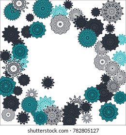 Christmas Background with Cute Colorful Snowflakes on White Ground. Ethnic Stylized Mandalas Looking Like Snowflakes. Moroccan, Ottoman or Arabic Pattern for Card, Poster, Banner