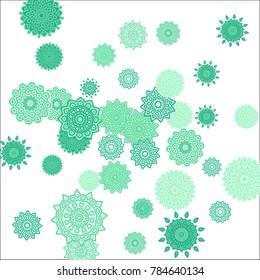 Christmas Background with Cute Colorful Snowflakes on White Ground. Ethnic Stylized Mandalas Looking Like Snowflakes. Moroccan, Ottoman or Arabic Pattern for Card, Poster, Banner