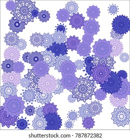 Christmas Background with Cute Colorful Snowflakes on White Ground. Ethnic Stylized Mandalas Looking Like Snowflakes. Moroccan, Ottoman or Arabic Pattern for Card, Poster, Banner