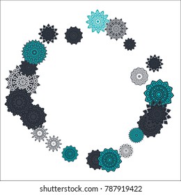 Christmas Background with Cute Colorful Snowflakes on White Ground. Ethnic Stylized Mandalas Looking Like Snowflakes. Moroccan, Ottoman or Arabic Pattern for Card, Poster, Banner