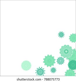 Christmas Background with Cute Colorful Snowflakes on White Ground. Ethnic Stylized Mandalas Looking Like Snowflakes. Moroccan, Ottoman or Arabic Pattern for Card, Poster, Banner