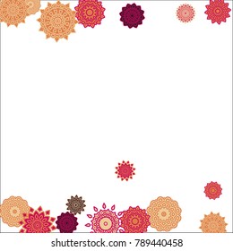 Christmas Background with Cute Colorful Snowflakes on White Ground. Ethnic Stylized Mandalas Looking Like Snowflakes. Moroccan, Ottoman or Arabic Pattern for Card, Poster, Banner
