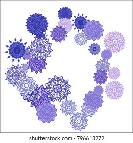 Christmas Background with Cute Colorful Snowflakes on White Ground. Ethnic Stylized Mandalas Looking Like Snowflakes. Moroccan, Ottoman or Arabic Pattern for Card, Poster, Banner