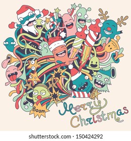 Christmas Background With Cute Crazy Monsters