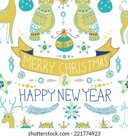 Christmas background with cute decorations and funny Owls, Merry Christmas illustration for Holiday design, Seamless pattern