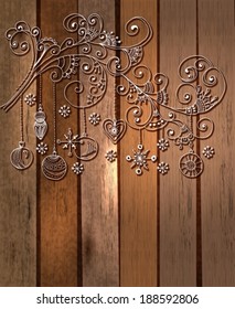 Christmas background with cute decorations over wood background and floral elements for holiday design, VECTOR