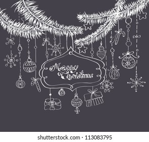 Christmas background with cute decorations and place for text over dark blue, vector
