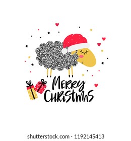 Christmas background with cute doodle sheep in Santa hat, gifts and text - Merry Christmas. Vector illustration.