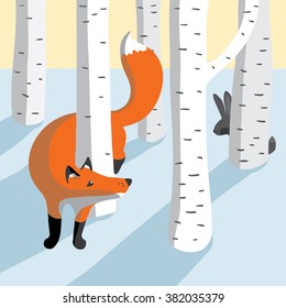 Christmas background with cute fox and rabbit illustration vector.