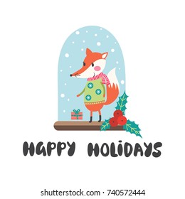Christmas background with cute fox in sweater in snow ball and inscription - Merry Christmas. Vector illustration.
