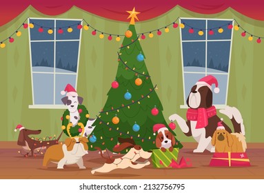 Christmas background. Cute funny animals dogs preparing to new year decorate the christmas tree exact vector illustration