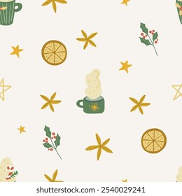 Christmas background with cute hand drawn cup, orange slices,star anise, brunches. Vector seamless pattern. Trendy winter print for textiles, wallpaper and packaging. Perfect for holiday decorations.