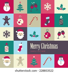 Christmas background with cute icons in flat design style.
