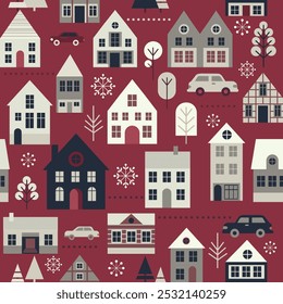 Christmas background. Cute little houses on city street seamless pattern. Scandinavian style. Flat vector illustration