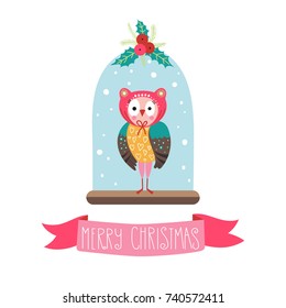 Christmas background with cute owl in hat in snow ball and ribbon with inscription - Merry Christmas. Vector illustration.