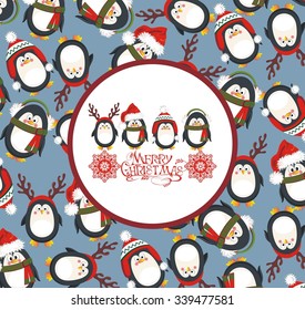 Christmas background with cute penguins