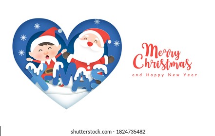  Christmas background with a cute Santa and friends in paper cut style.