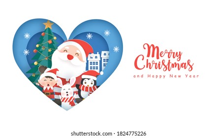  Christmas background with a cute Santa and friends in paper cut style.