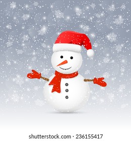 Christmas background with cute snowman and red Santa hat, illustration.