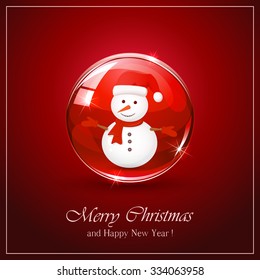 Christmas background with cute snowman in red sphere, illustration.
