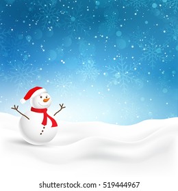 Christmas Background With Cute Snowman In Snow