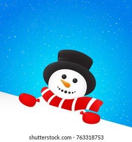 Christmas background with cute Snowman and snowflakes. Vector.