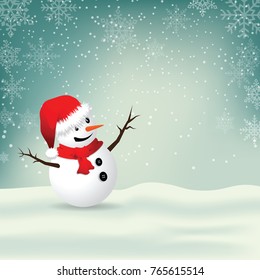 Christmas background with cute snowman in snow.-Vector illustrator.