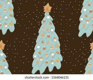 christmas background with cute christmas trees and falling snow
