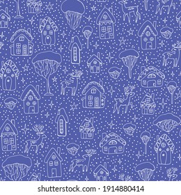 Christmas background of cute winter houses, trees and deer. Doodle monochrome vector style.
