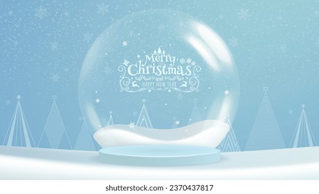 Christmas background with cylindrical podium for promotion. Round stage for presentation of products for sale. Podium or stage platform among Christmas trees, with hanging glass balls.