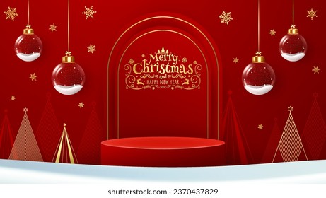 Fondo de Navidad con podio cilíndrico para promoción. Fase redonda para la presentación de productos en venta. Plataforma de podio o escenario entre árboles de Navidad, con bolas de vidrio colgantes.