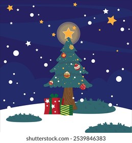 Christmas background with cylindrical podium for promotions. Round stage for presentation sale product. Stage pedestal or platform in snow between Xmas trees, glass balls hanging. Vector illustration