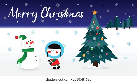 Christmas background with cylindrical podium for promotions. Round stage for presentation sale product. Stage pedestal or platform in snow between Xmas trees, glass balls hanging. Vector illustration