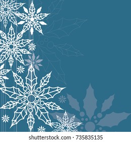 Christmas background, dark blue, with holly tree snowflakes. Blue and white colors. Vector illustration. 